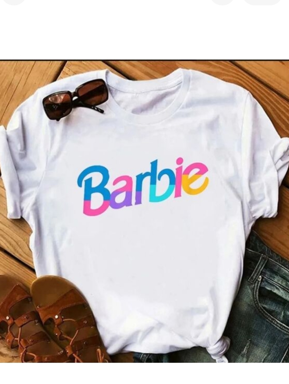 Barbie Logo Graphic T-Shirt White Pink Blue Colorful Crewneck Tee